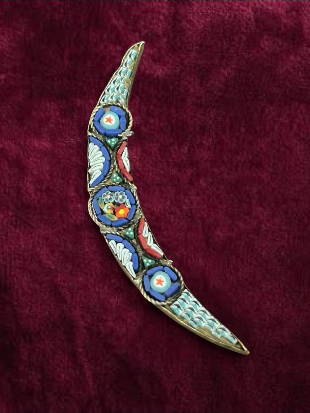 Antique Italian Micro Mosaic Millefiori Crescent Moon Brooch, c. 1890–1910